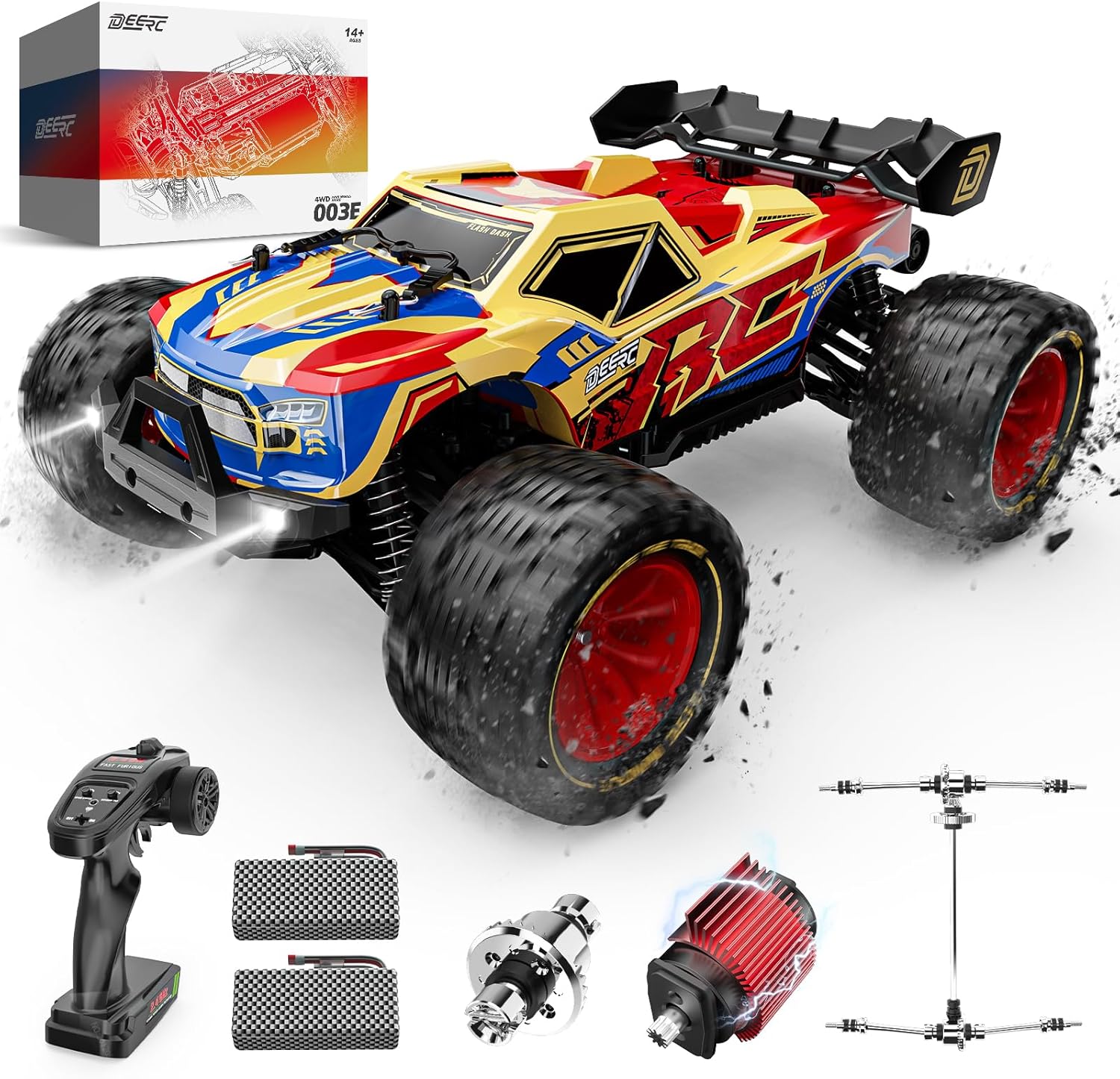 DEERC 1/14 Brushless Fast RC Cars for Adults Boys,Max 50KM/H High Speed Remote Control Car,4X4 All Terrains RC Monster Truck,Waterproof Off-Road Hobby Electric Vehicle Car Gift,2 Li-ion Batteries