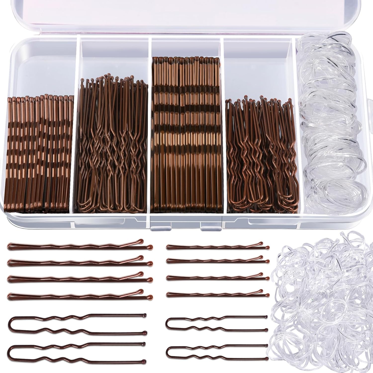 Teenitor 300pcs Bobby Pins Hair Pins Kit - 100 Brown, 100 U Shape, 100 Hair Bands - 2inch, 2.36inch, 2.75inch Pins for Women's Buns
