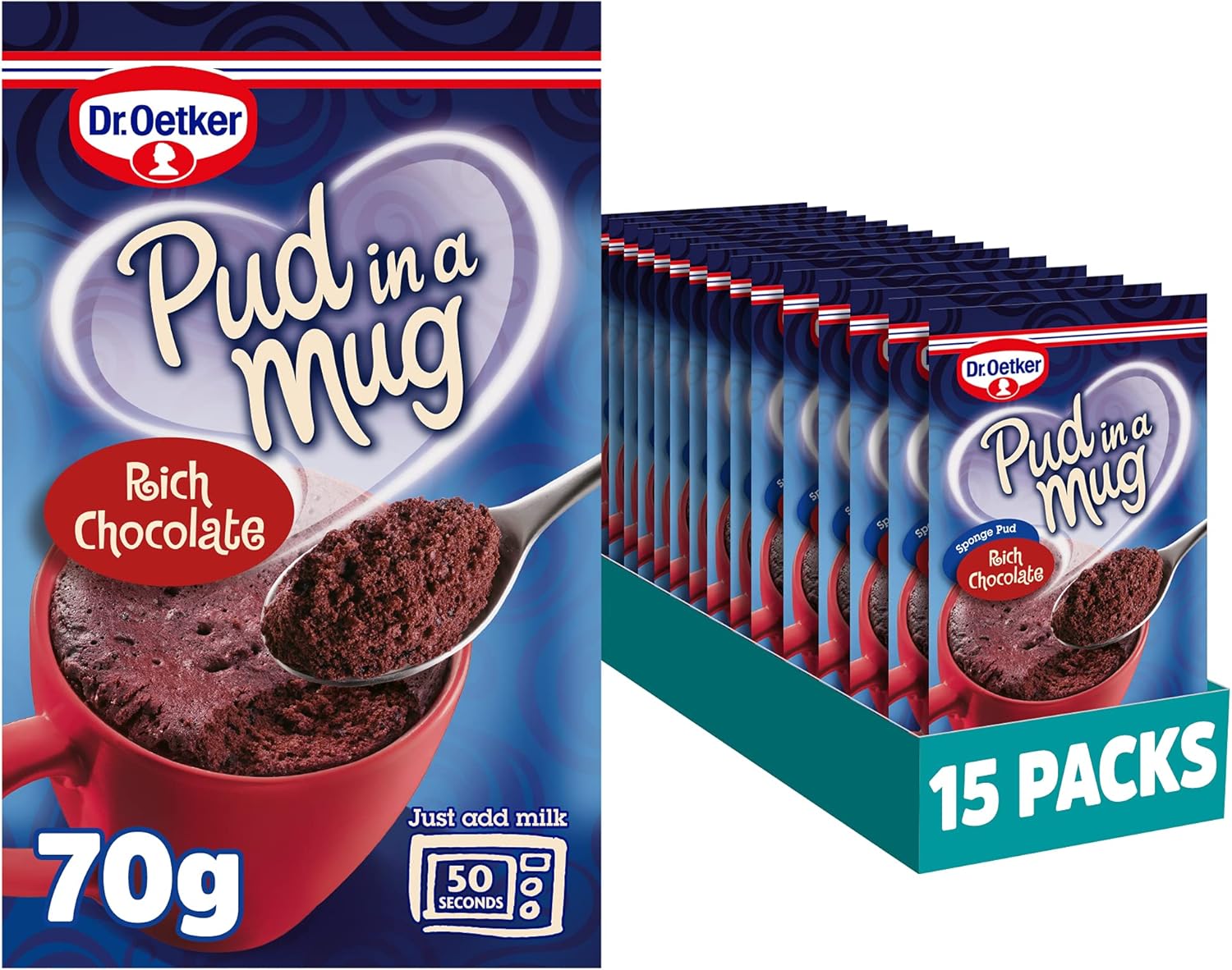 Dr. Oetker Rich Chocolate Pud in a Mug, 70g each, Pack of 15 - microwave pudding cake mixes for baking, suitable for kids bakes, store cupboard essentials