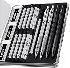 Four Candies 4PCS Metal Mechanical Pencils Set with Case, 0.5mm & 0.7 mm Artist Pencil with 8 Tubes (480PCS) HB Lead Refills, 3 Erasers,9 Eraser Refills For Writing Drafting, Drawing, Black&Silver