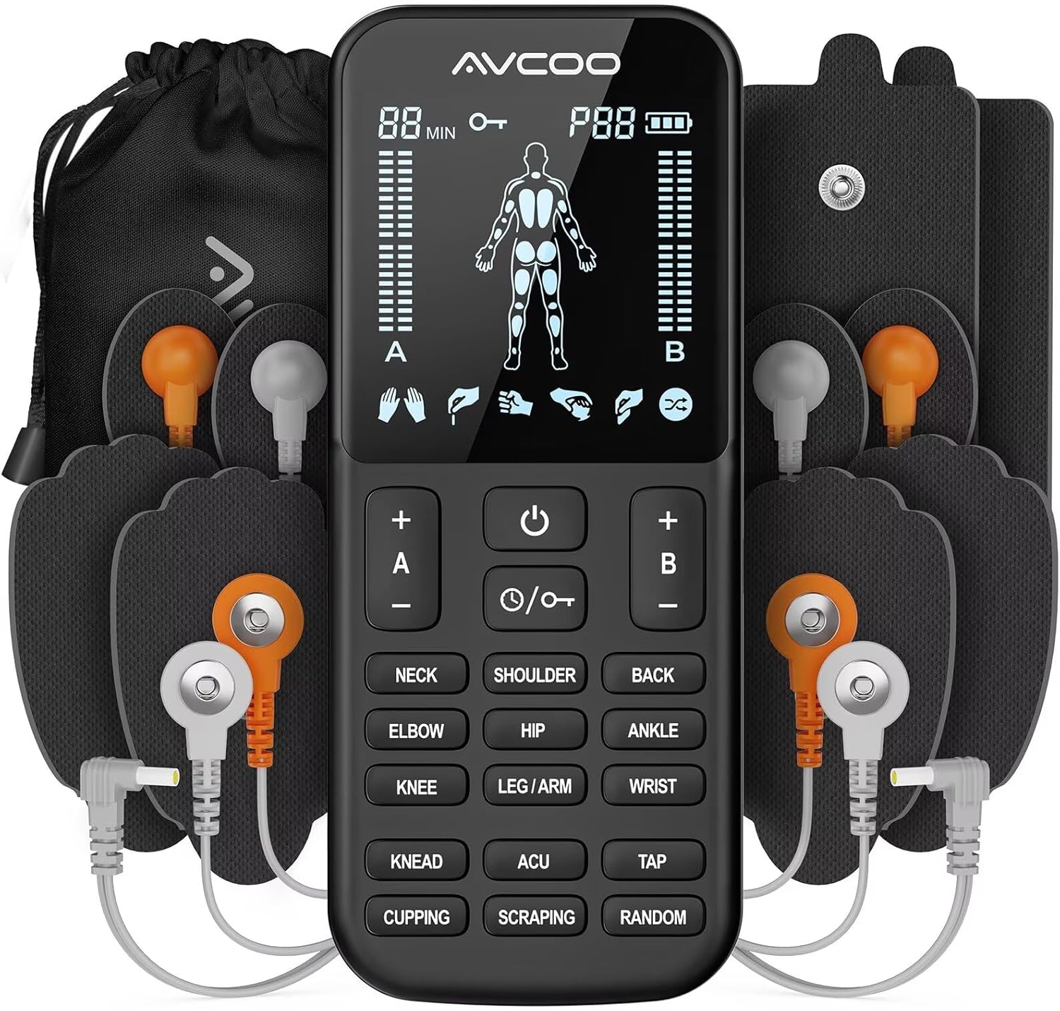 4-Channel TENS Unit Muscle Stimulator with Intuitive Buttons for Easy Use, FSA HSA Eligible, 24 Modes TENS EMS Machine for Neck, Back Pain Relief, Rechargeable Muscle Relaxer with Bag, 10 Pads