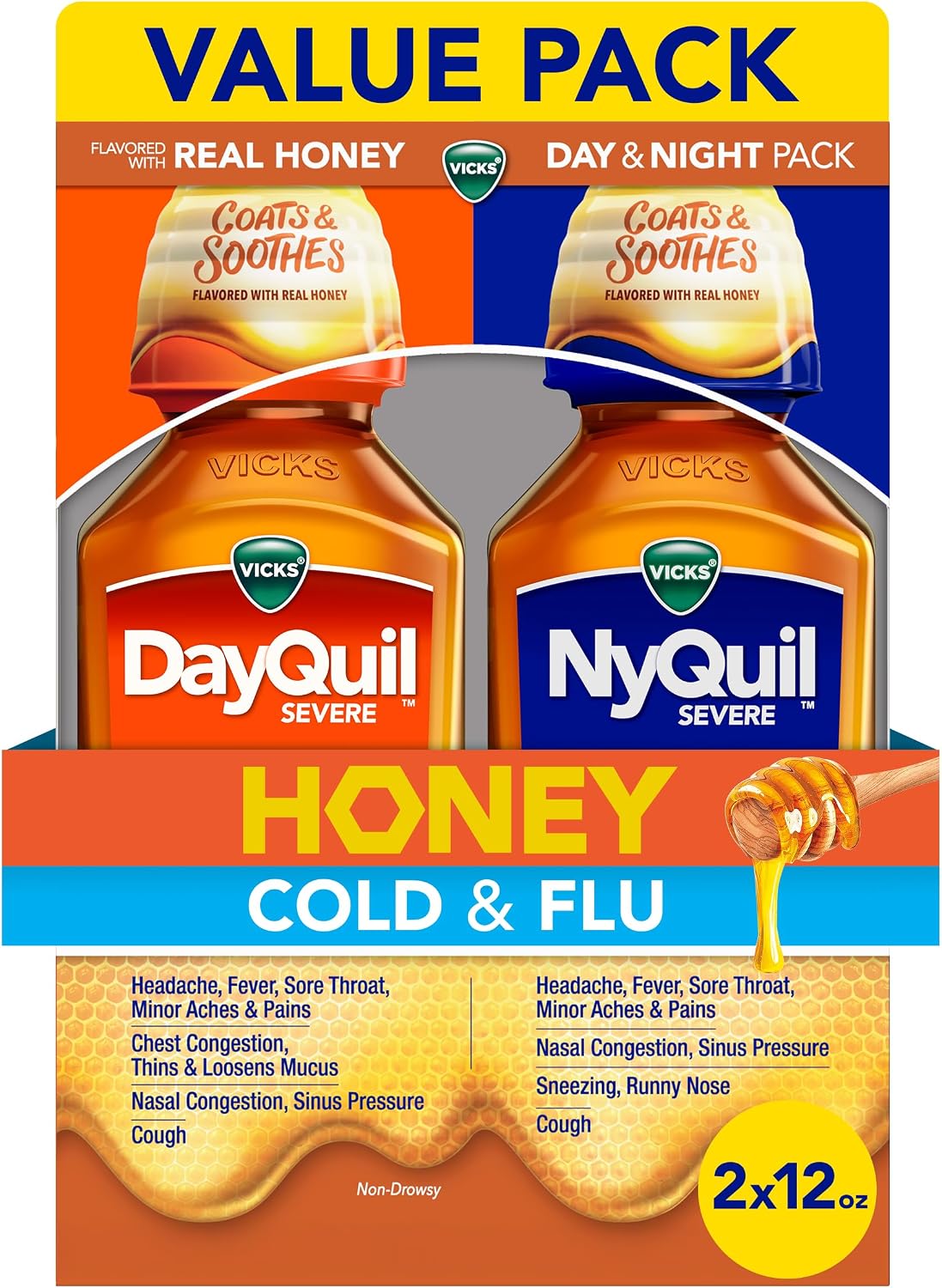 Vicks DayQuil and NyQuil Severe Cold & Flu, Honey, Liquid Over-the-Counter Medicine, 2x12 Oz