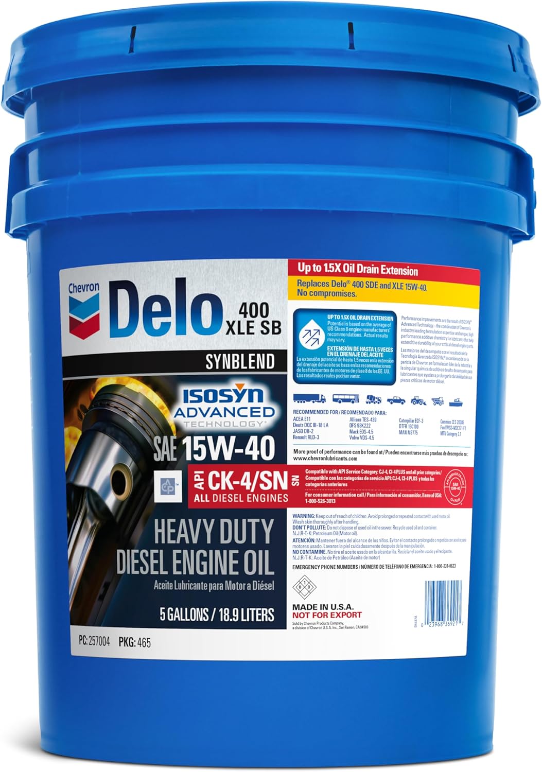 Delo 222290465 400 XLE Synthetic Blend 15W-40 Motor Oil - 5 Gallon Pail