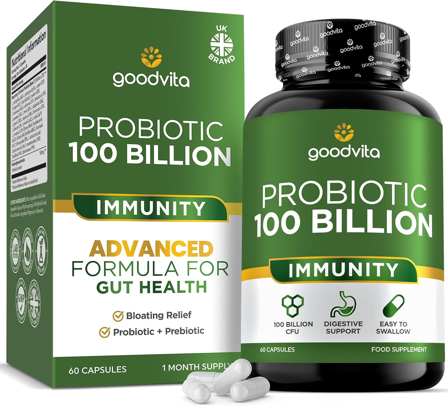 Goodvita Probiotics for Gut Health | UK Made | High Strength 100 Billion CFU | 60 Capsules, 1 Month Supply | Digestive + Immunity Support | 30 Live Strain Complex Inc Prebiotics | Women + Men