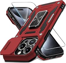 DEERLAMN Case for iPhone 15 Pro Max with Slide Camera Cover+Screen Protector(1 Pack), Rotated Ring Kickstand Military Grade Shockproof Protective Cover 6.7 Inch-Red
