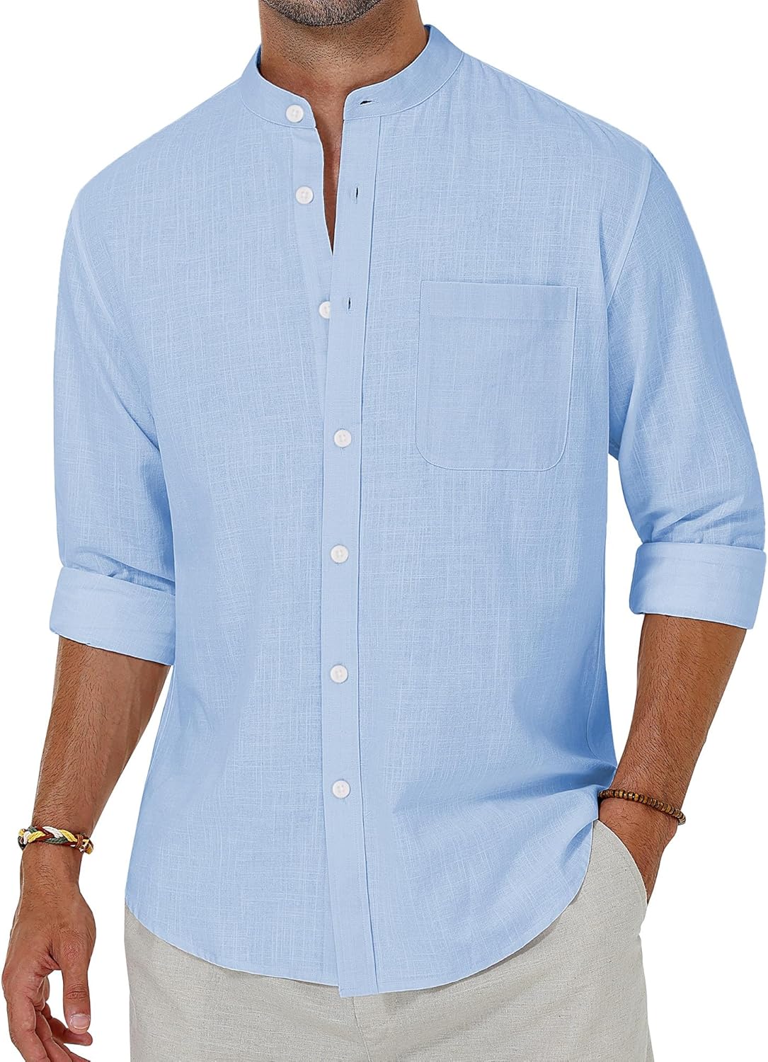 Alimens & Gentle Men's Cotton Linen Shirts Long Sleeve Button Down Shirt Band Collar Beach Shirts