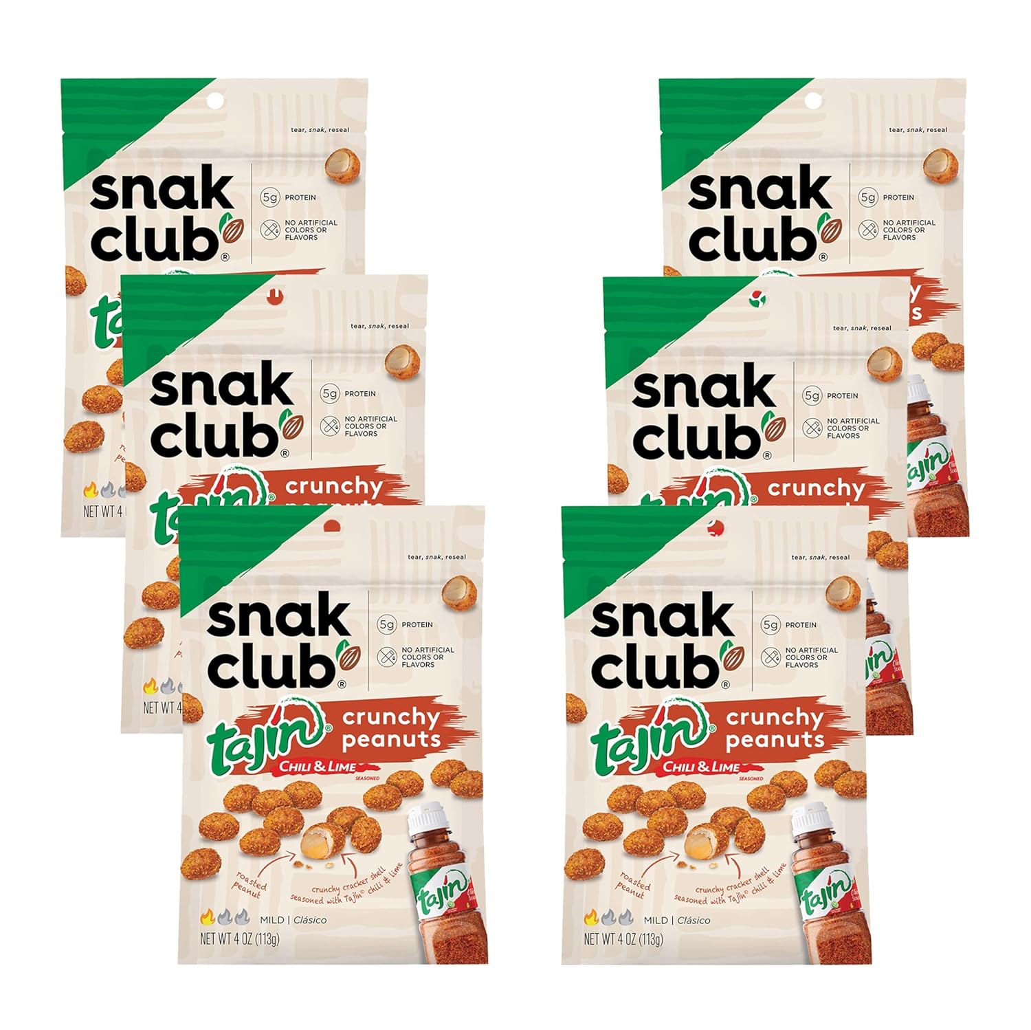 Snak Club Tajin Crunchy Peanuts, Nuts with Chili and Lime Seasoning, Mild, No Artificial Colors or Flavors, 4 oz Resealable Bags, 6 Pack