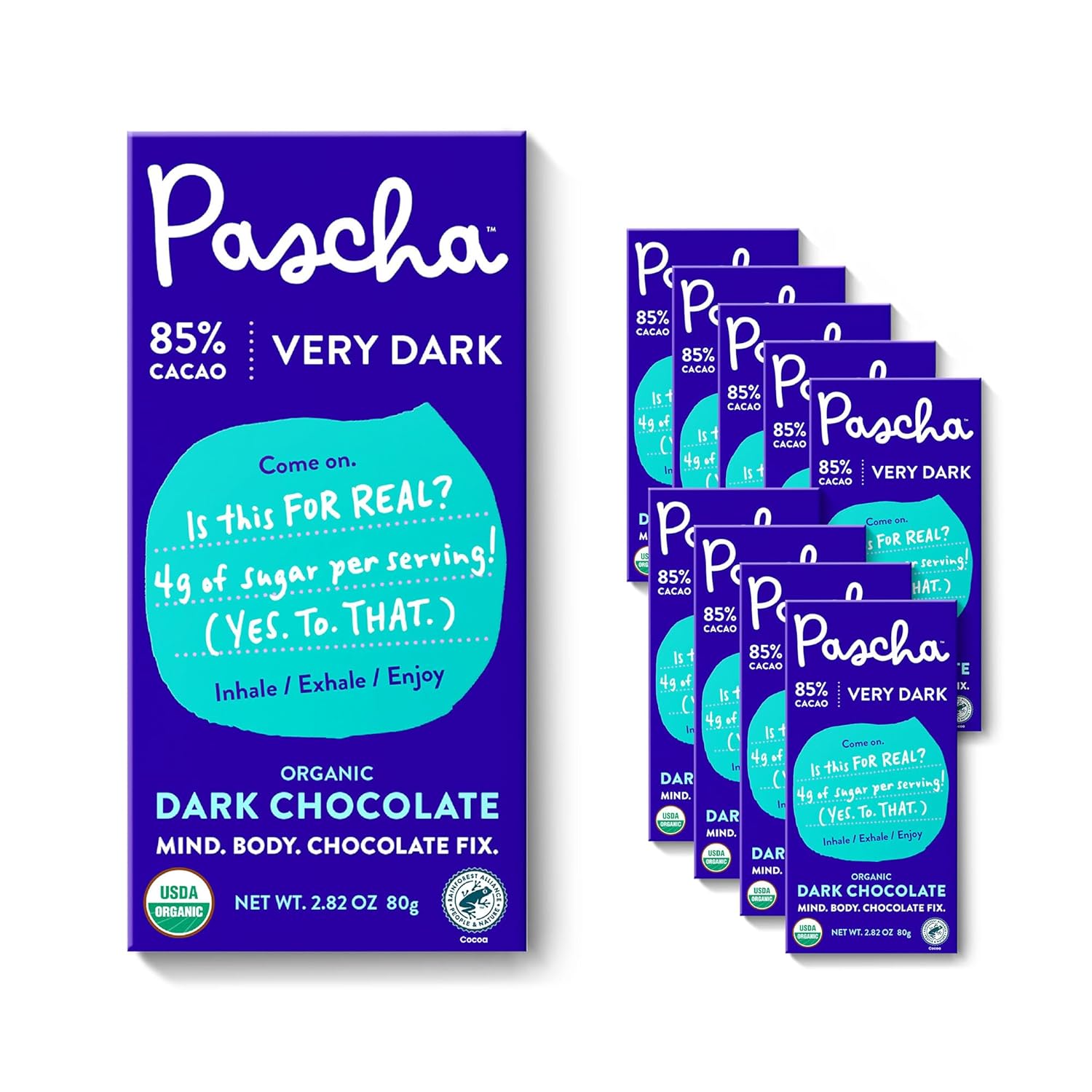Pascha Organic Dark Chocolate Bars, 85% Cacao, UTZ, Gluten Free & Non GMO, 2.82 oz (Pack of 10)