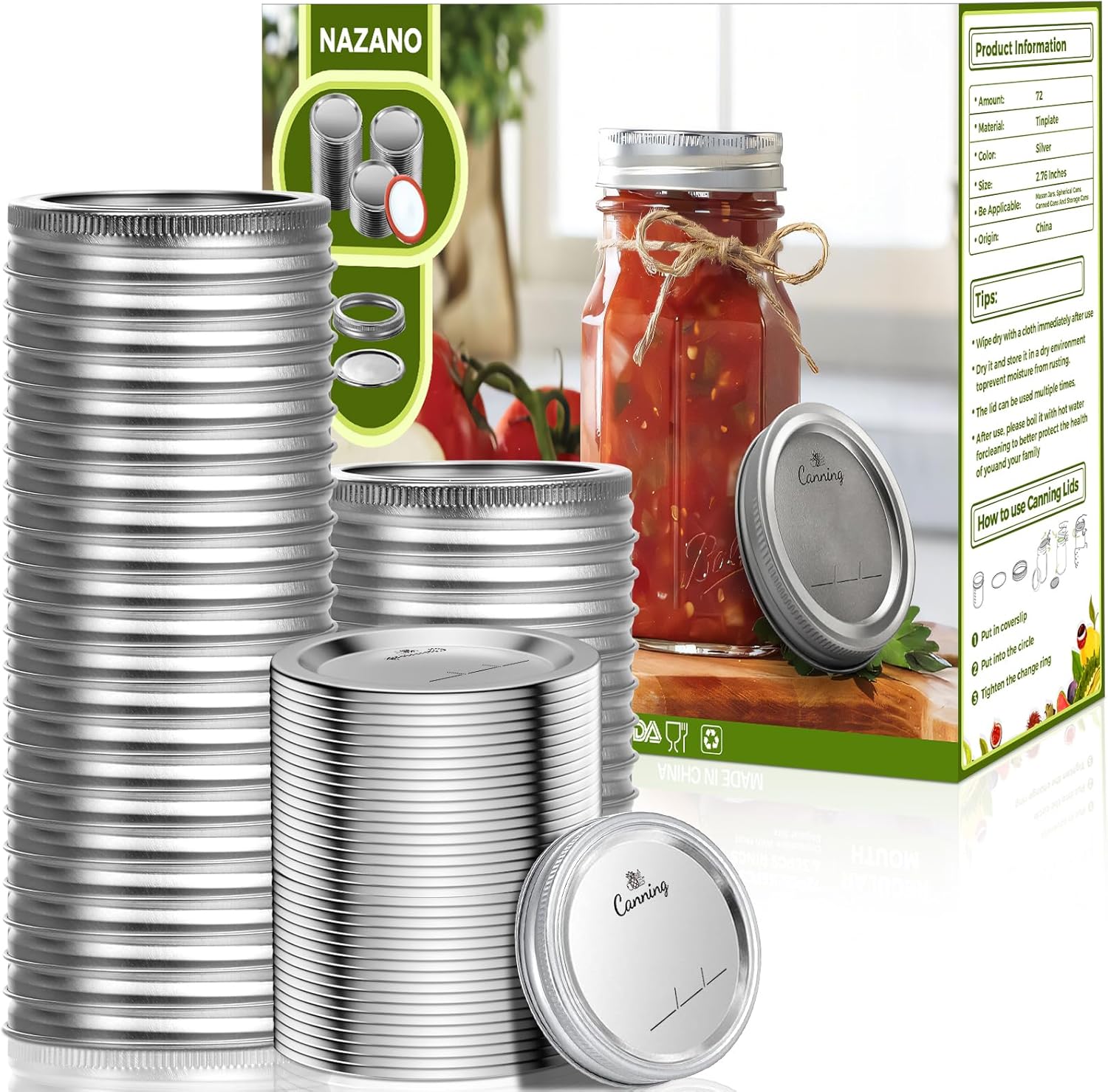 72 Pcs Canning Lids with Rings for Regular Mouth, 70mm Mason Jar Lids Regular Mouth Reusable Leak-proof Canning Lids and Rings Food-grade Material, 100% Fit & Airtight for Regular Mouth Mason Jars