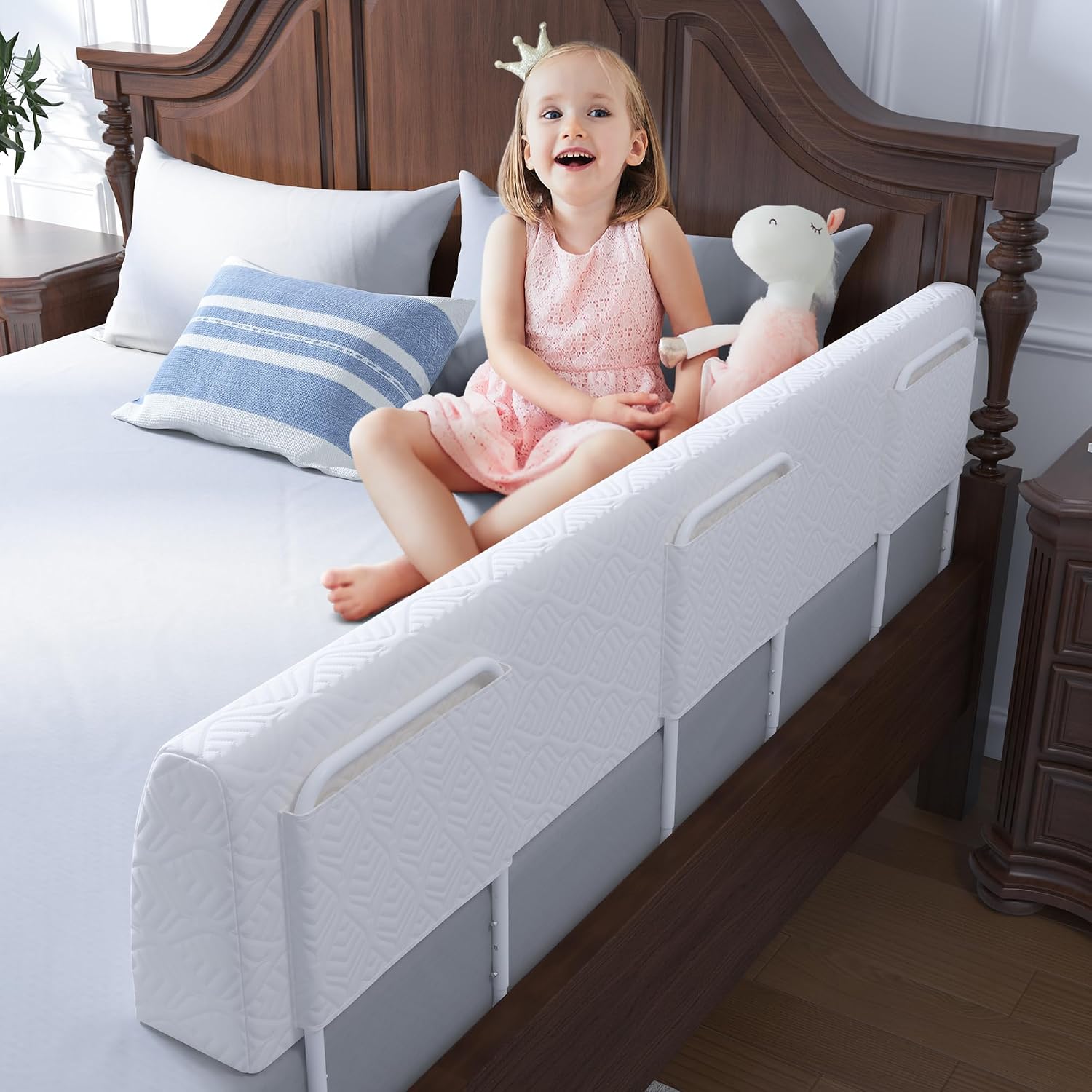 FigTime Bed Bumper for Toddlers, Foam Bed Rail for Toddlers, Toddler Bed Rail Bumper, Soft Safety Bed Guard Rail for Kids, Bed Side Rail for Twin, Full, Queen & King Beds (White, 59", 3-Bracket)