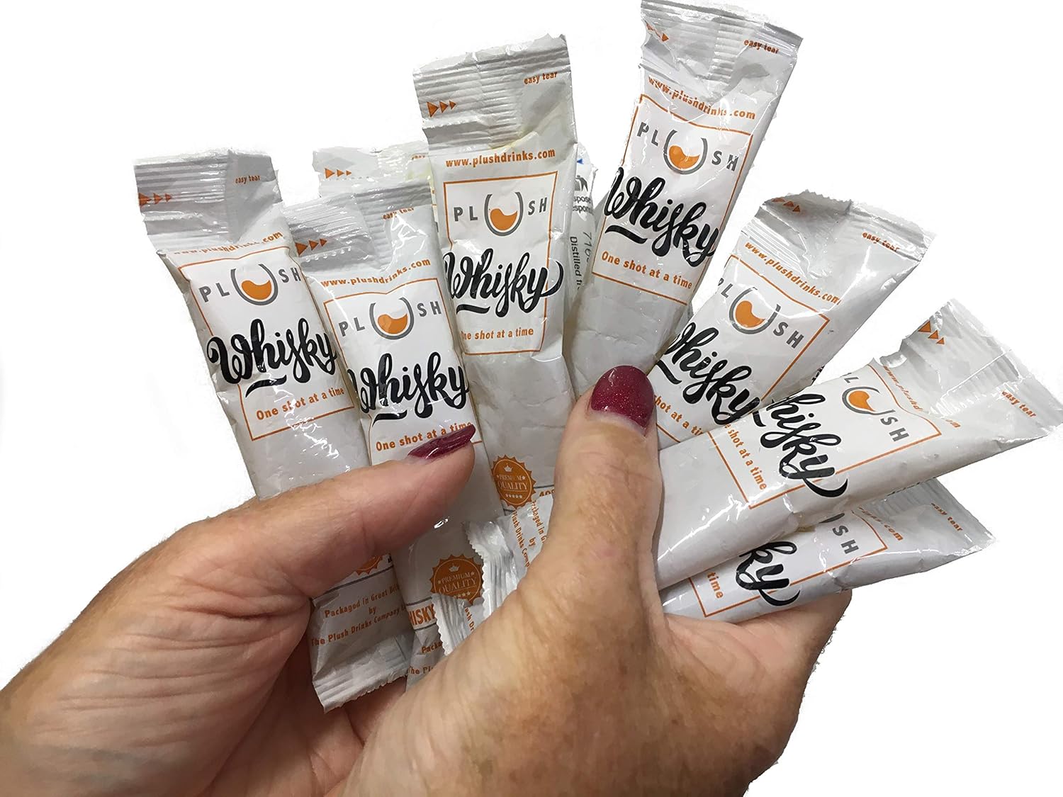 Plush Drinks Whisky Miniatures - Ten x individual 25ml shots of premium Scotch whisky in an easy-to-carry, easy-to-open flexible pouch. Perfect for parties, festivals, concerts, regattas or picnics.