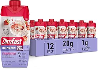 SlimFast Protein Shake, Strawberry- 20g Protein, Meal Replacement Shake Ready to Drink, High Protein with Low Carb and Low Sugar, 24 Vitamins and Minerals, 11 Fl Oz (Pack of 12)