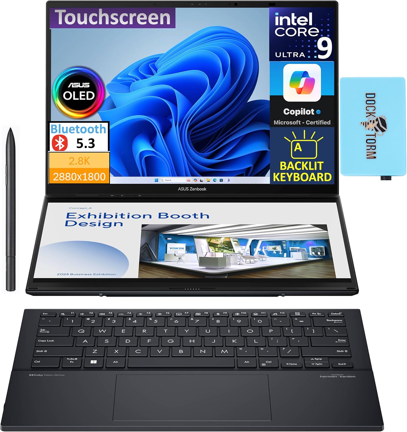 ASUS Zenbook Duo 2-in-1 Laptop Dual 14” OLED 3K 120Hz Touch Display (Intel Ultra 9-185H, 32GB LPDDR5X, 1TB SSD, Intel Arc, Backlit KB, 2 Thunderbolt 4, Active Pen, WiFi 6E, Win11H) w/DKZ USB Hub