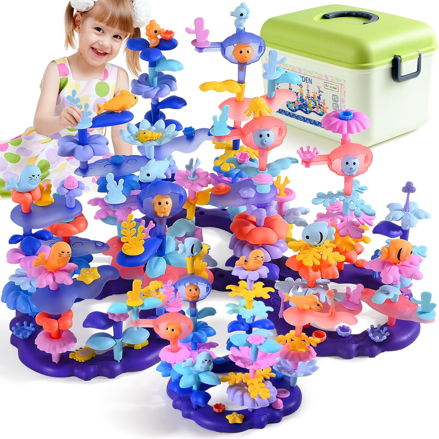 Doloowee 156Pcs Flower Garden Building Toys for Girls 3 4 5 6 7 8Year Old, Upgrade DIY Marine Coral Stacking Toys, STEM Preschool Educational Toddler Toys