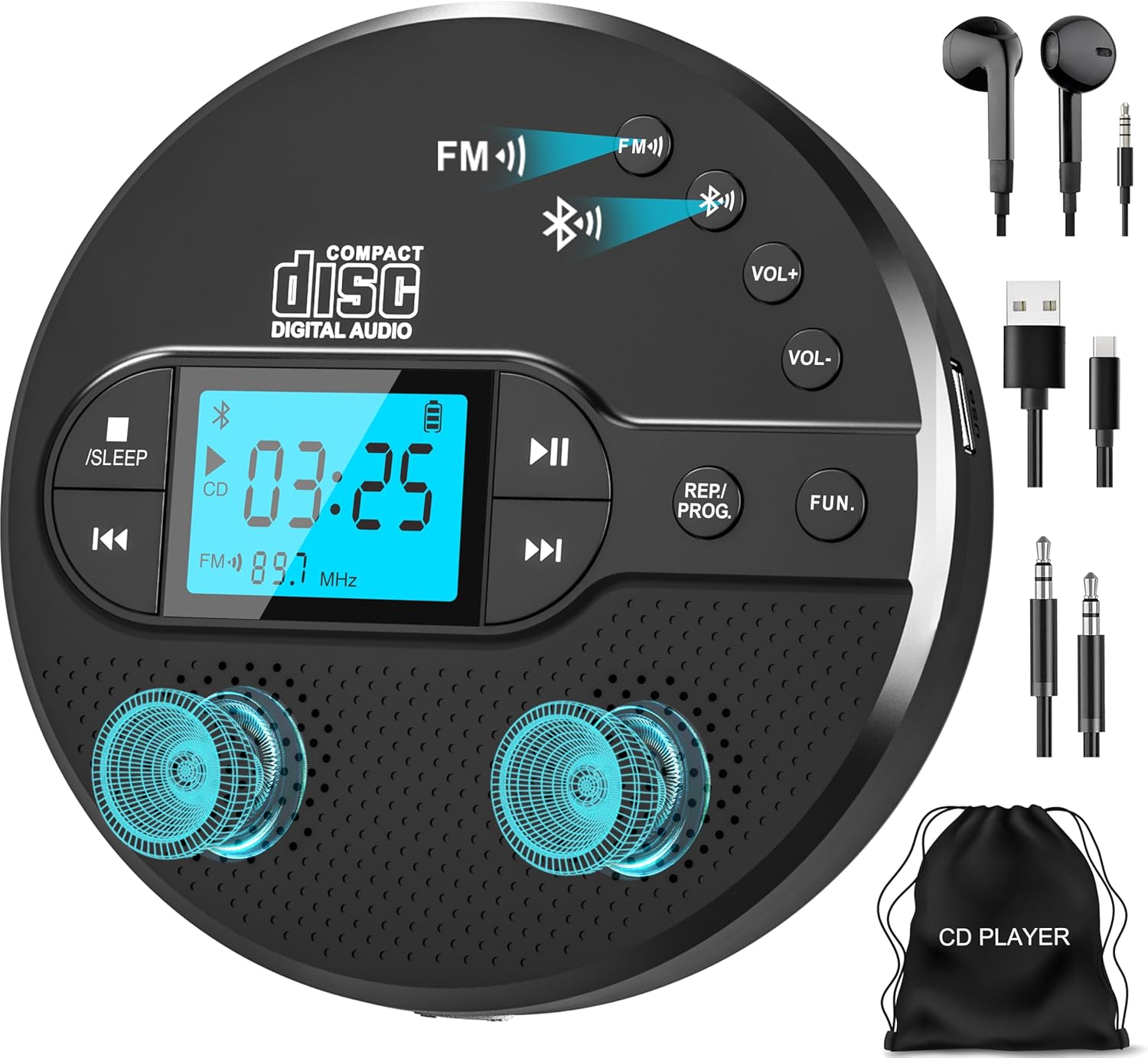 Portable CD Player with Bluetooth, Disman CD Player for Car with FM Transmitter, Rechargeable CD Player Portable with Anti-Skip Protection, Headphones, AUX/USB Supported, LCD Display(Black)