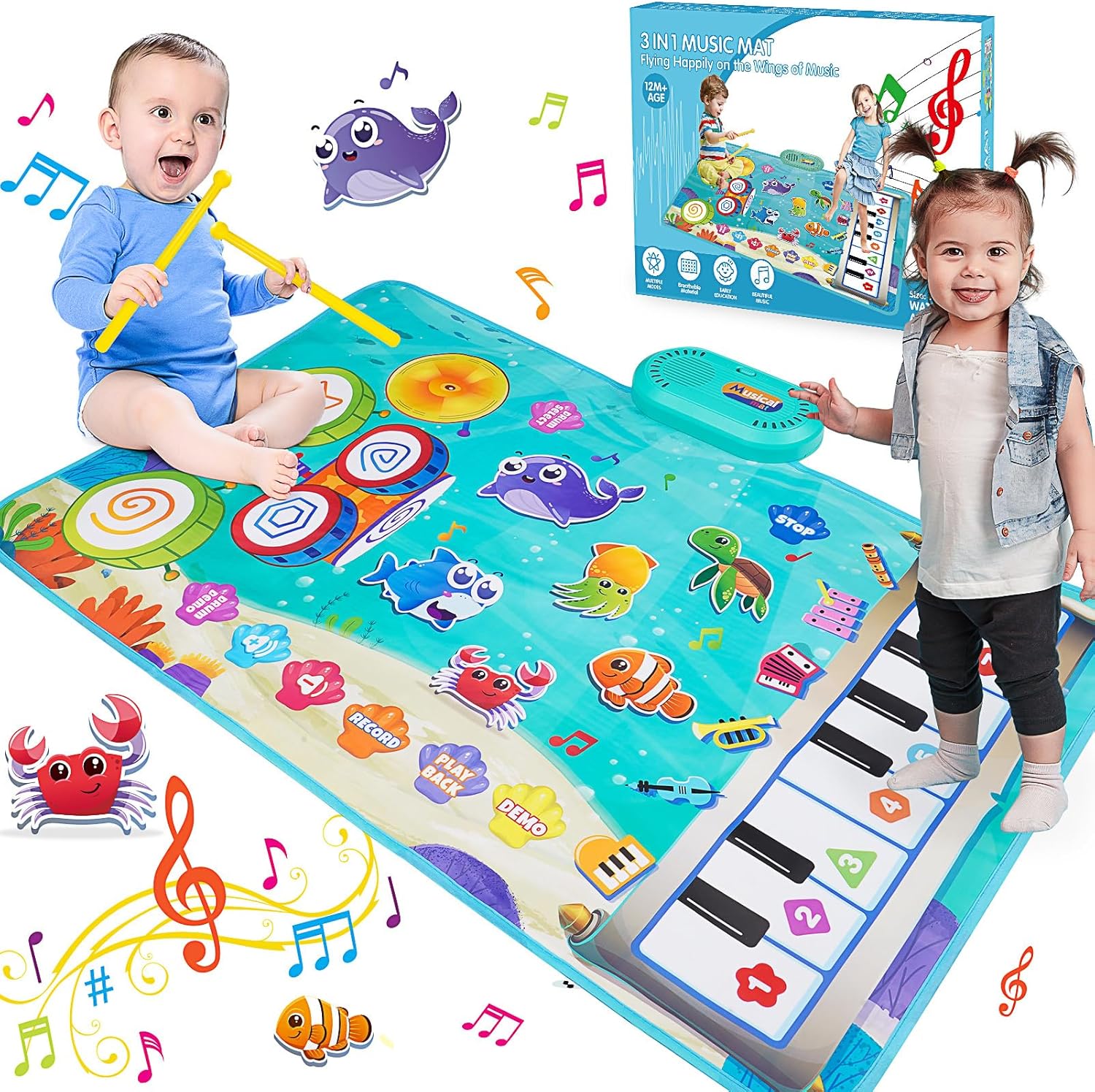 Musical Toys for 1 2 3 Year Old Boys Girls, 3 in 1 Animal Musical Mat with 19 Sounds & Rcording Function Toddler Toys 1 2 3 Year Old Girl Boy Gifts, 1st Birthday Gifts for Boy Girls Educational Toys