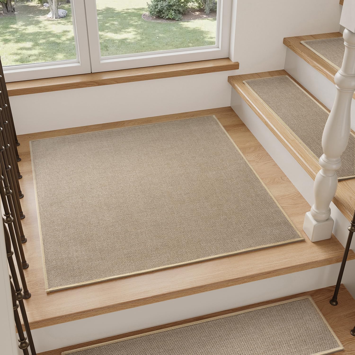 PADOOR Stair-Treads Landing Mat Non Slip Indoor, Square Stair-Runners for Wooden Steps Rubber Backing, Reusable Carpet Stair Treads, Durable Stair-Carpet Treads for Kids and Dogs 31"x31" Beige