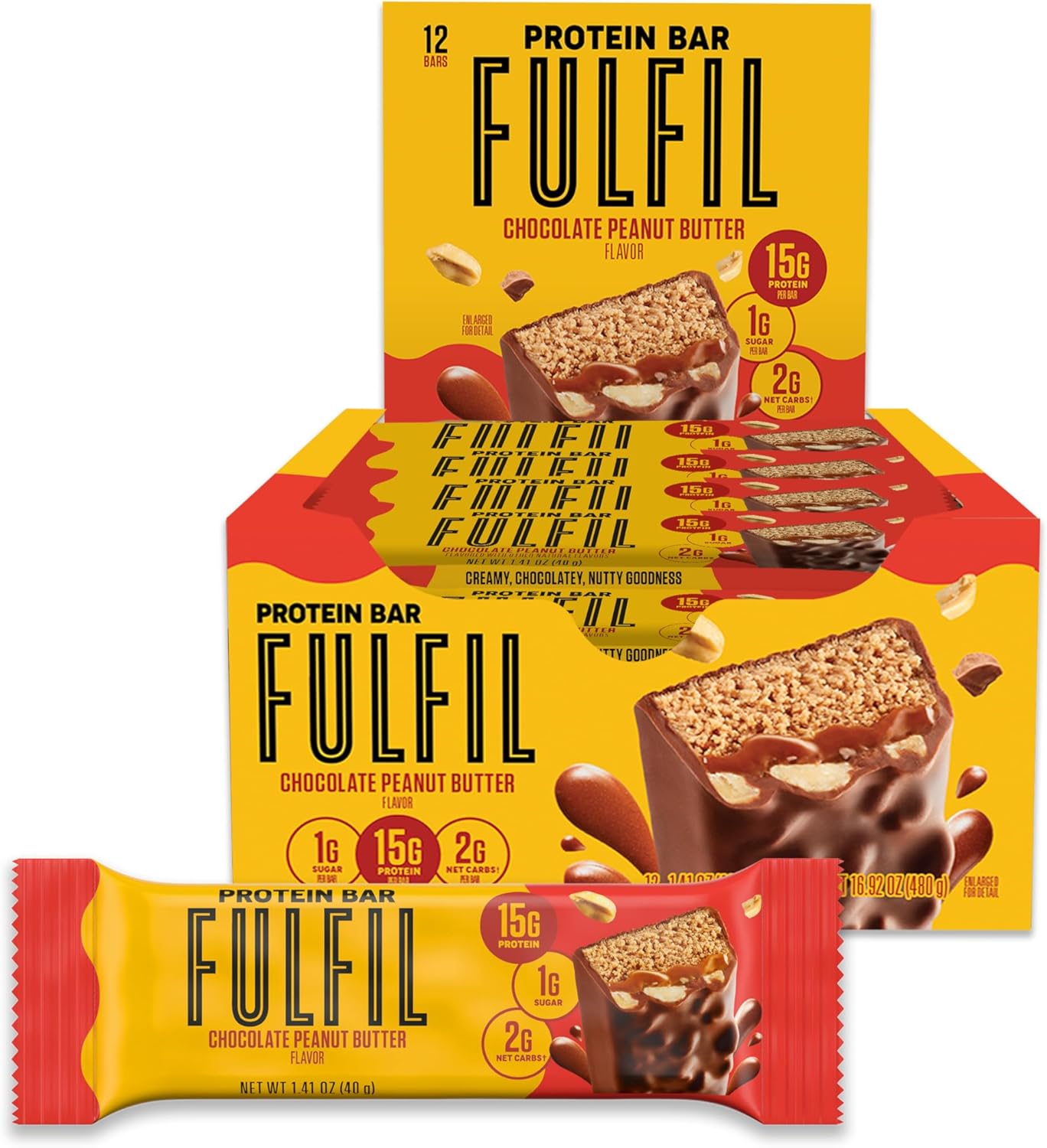 FULFIL Protein Snack Bars, Chocolate Peanut Butter, 15g Protein, Pantry Staples, 12 Count