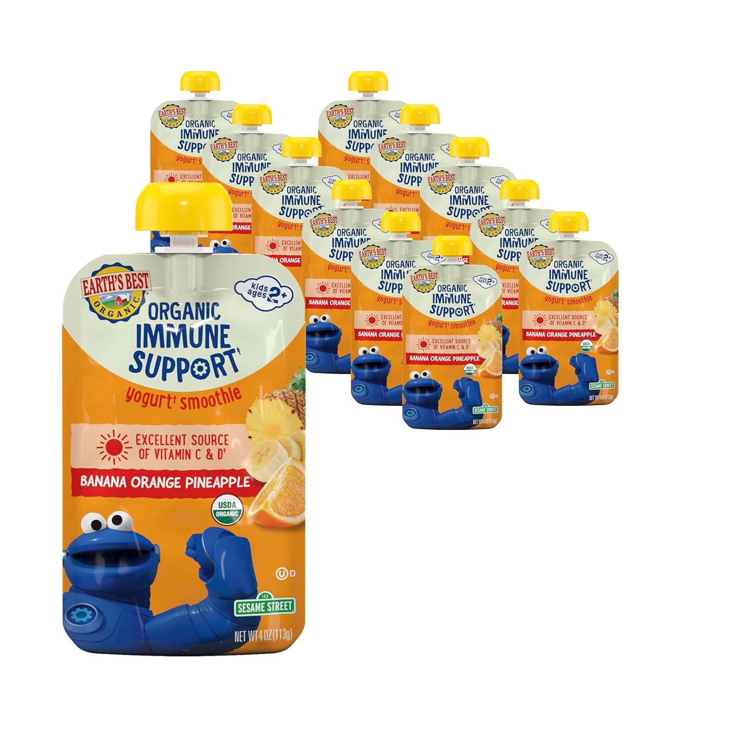Earth's Best Organic Yogurt Smoothie Pouches, 24+ Months, Immune Support Fruit Yogurt Smoothie for Toddlers 24 Months and Up, Banana Orange Pineapple, 4 Ounce Resealable Pouch (Pack of 12)