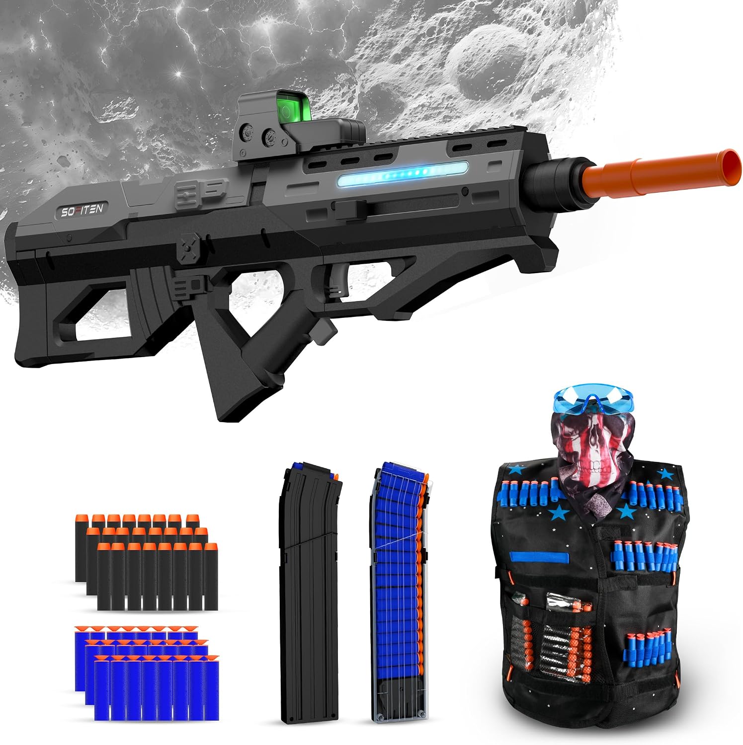 SOFITEN Electric Powerful Toy Gun Automatic Sniper Rifle with Soft Bullet, Equipped with Scope, 2 Extended Magazine(*18), Tactical Vest, Birthday Christmas New-Year Gifts for Kids Boys Teens Adults