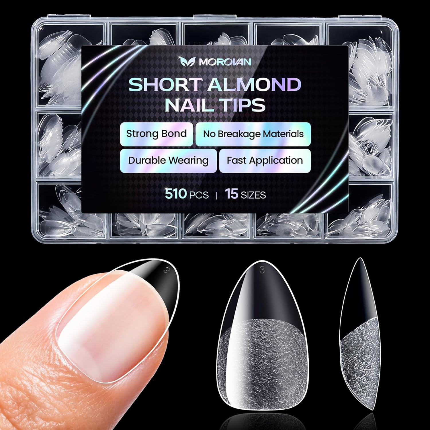 Morovan Short Almond Nail Tips: 510 pcs 15 Sizes Clear False Nails Tips Press On for Acrylic Gel Polish Natural Looking Artificial Nails for Women DIY Manicure