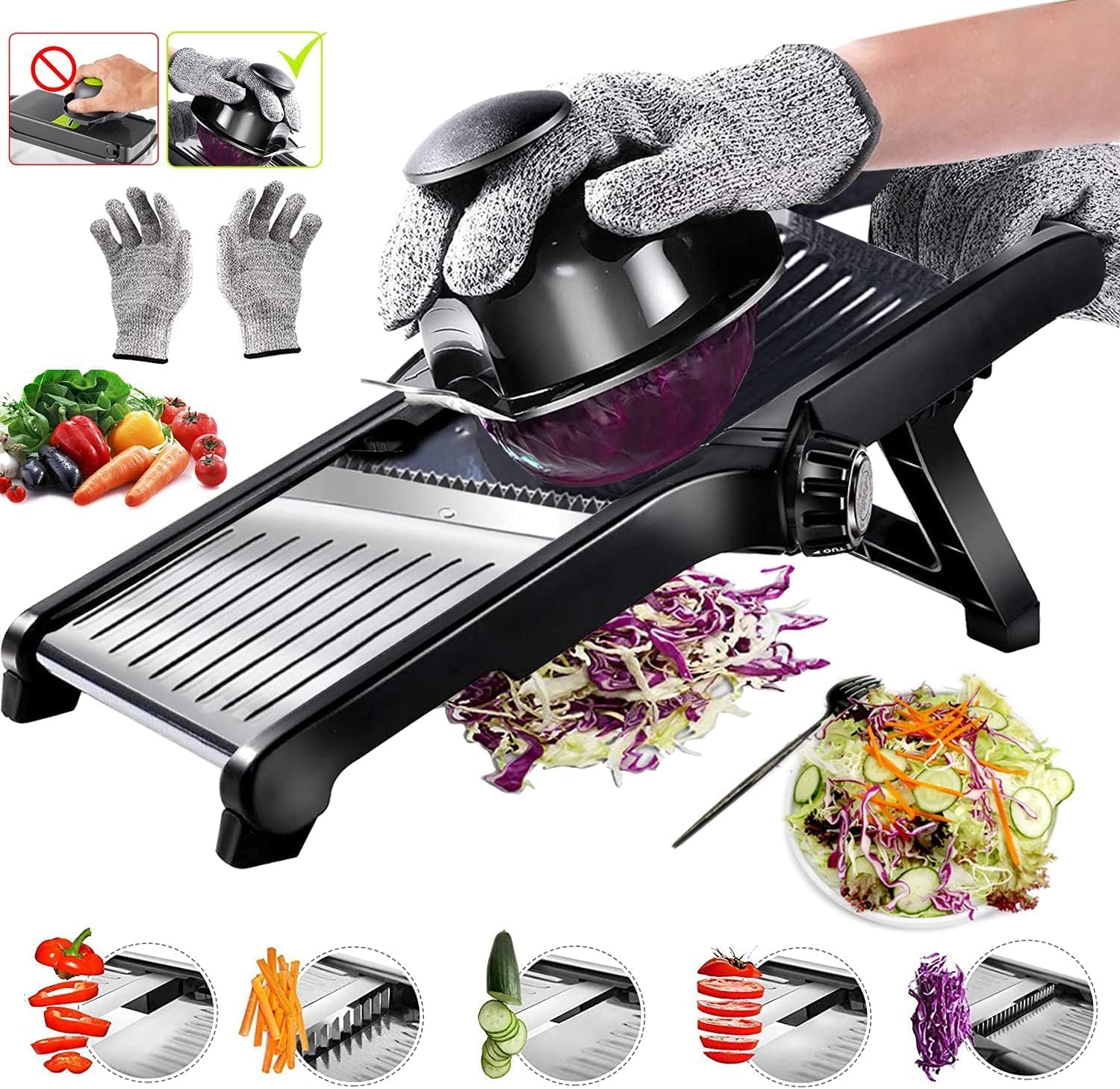 MEETOZ Mandoline Food Slicer, Adjustable Stainless Steel Food Vegetable Potato Onion Slicer French Fry Cutter, Tomato Slicer with Cut-Resistant Gloves & Cleaning Brush