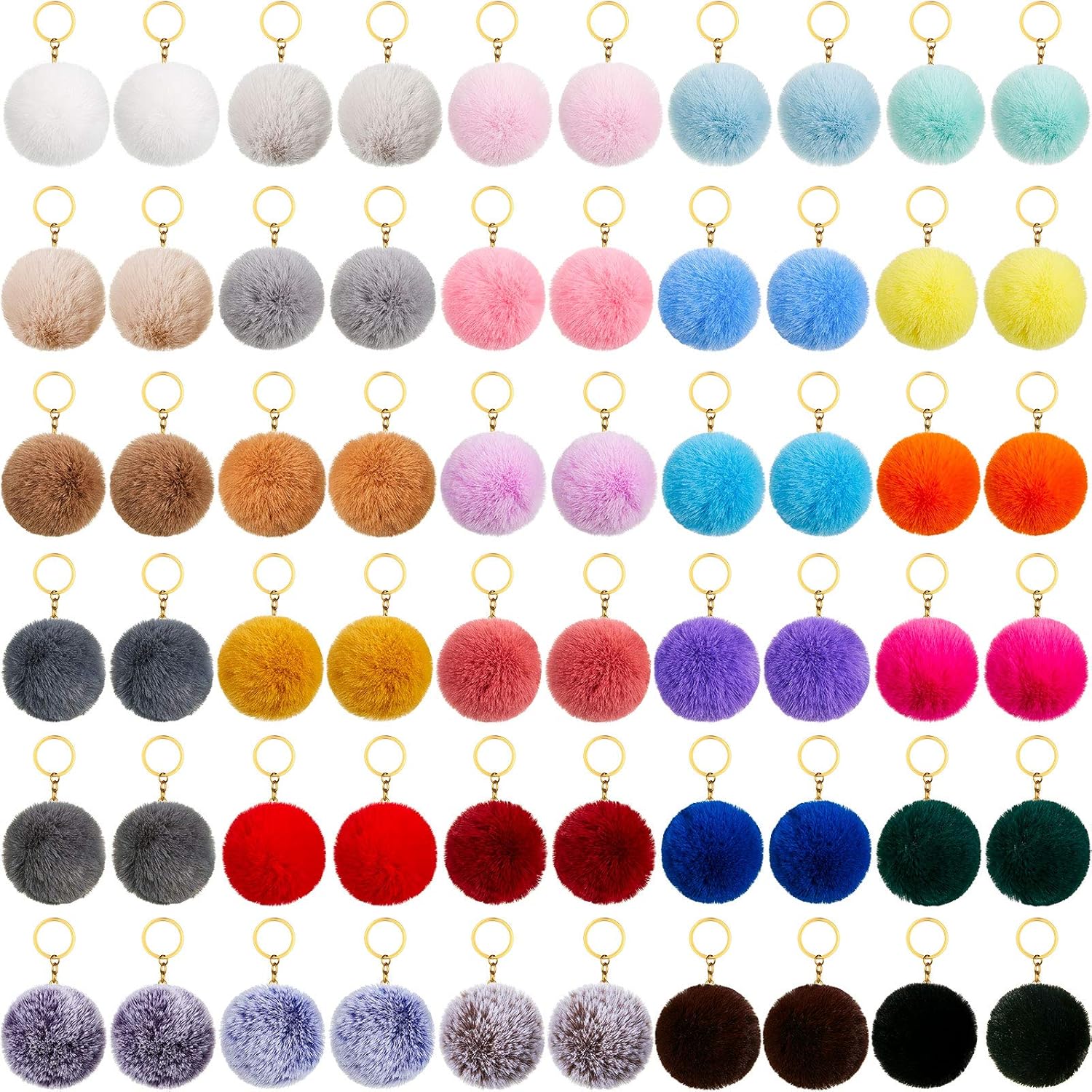Hicarer 60 Pieces Colorful Poms Keychains Fluffy Ball Faux Fur Keyring for Women