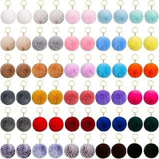 Hicarer 60 Pieces Colorful Poms Keychains Fluffy Ball Faux Fur Keyring for Women