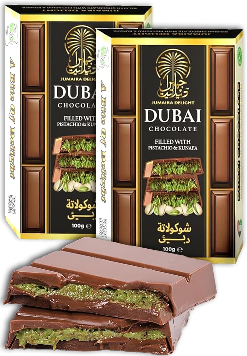 Dubai Chocolate Bar Pistachio – 100g Kunafa Bar with Pistachio Cream Filling – Luxurious Fix Dubai Chocolate – Best Gifts for Kids, Family & Friend (Pack of 2)