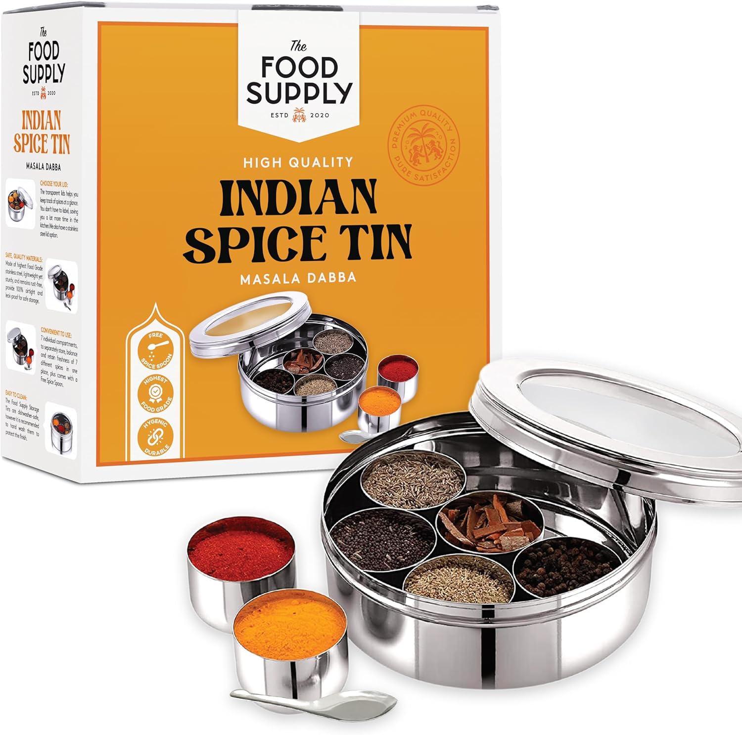 Pick N Save PNS Spice Box/Masala Dabba with 7 Compartments made out of Highest food grade stainless with FREE Serving spoon (Transparent Lid, 20cm)