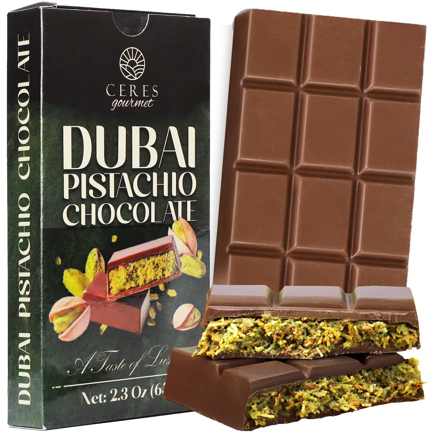 Ceres Gourmet Dubai Chocolate Bar, Pistachio Kataifi Chocolate 2.3oz (65g) with Crispy Kunafa Layers and Smooth Milky Chocolate, Individually Wrapped Premium Gift-Style Treat for Special Moments