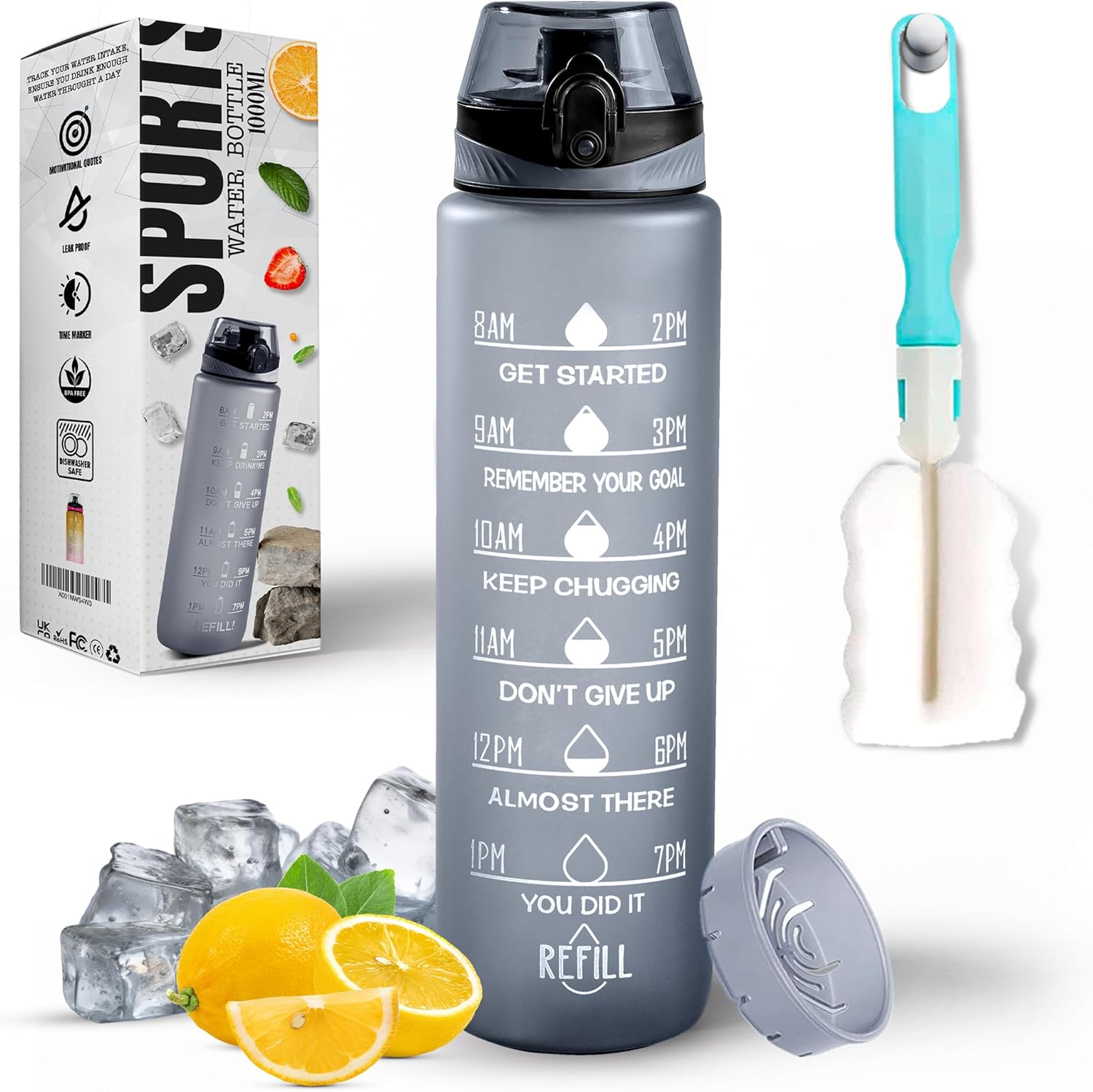 K-MART Water Bottle 1L, Sports Water Bottle with Time Markings, BPA-Free, Leak-Proof Drinks Bottle, Perfect for Running, Cycling, Gym, Yoga, Camping and Outdoor Activities, Grey