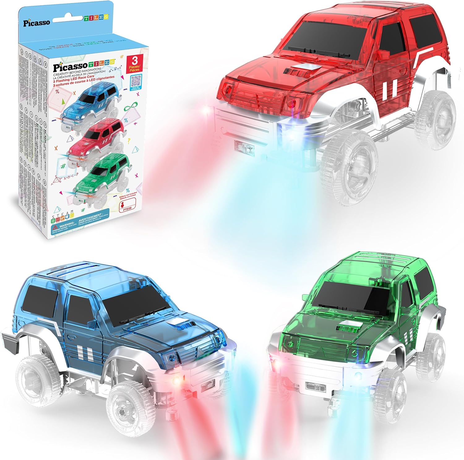 PicassoTiles 3 Magnetic Toy Cars Set Light Up LED Highly Detailed Compatible with Magnet Car Race Track STEM Truck Replacement Accessories Educational Building Kits for Toddlers Boys & Girls Ages 3+