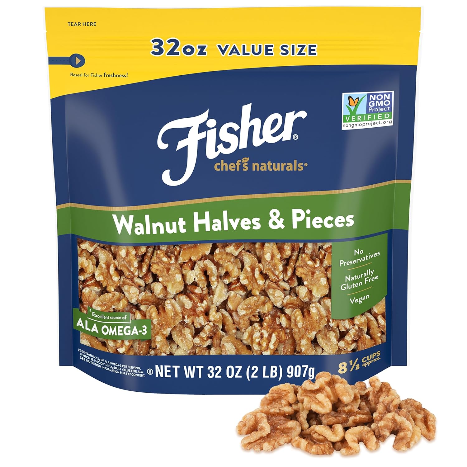 Fisher Chef's Naturals Walnut Halves & Pieces 2 lb, 100% California Unsalted Walnuts for Baking & Cooking, Healthy Snacks for Adults, Resealable Bag, Vegan Protein, Keto Snack, Chopped Nuts, Topping