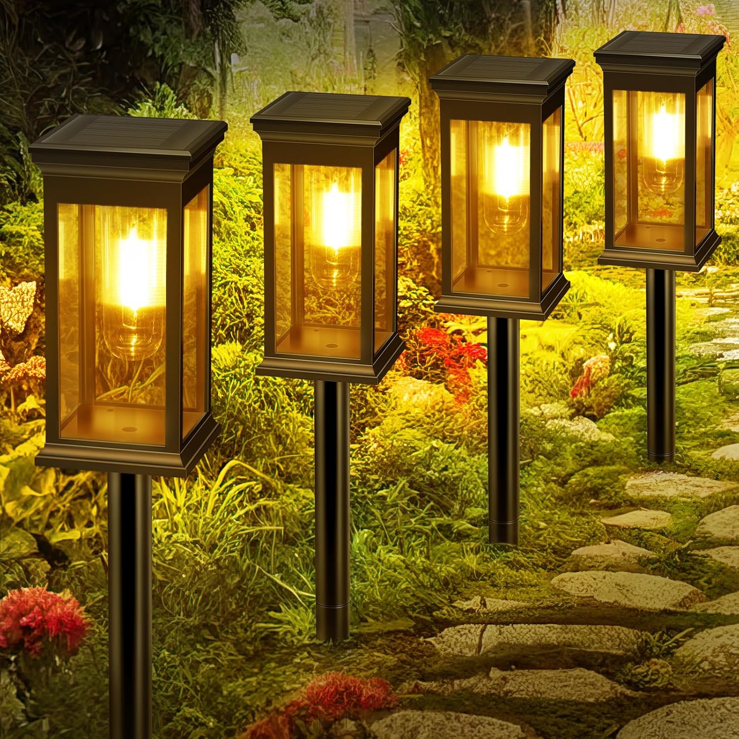 Solar Lights Outdoor, 4 Pack Solar Garden Lights Tungsten Glow, Warm White, 800mAh, IP65 Waterproof Auto On/Off Lighting for Garden, Patio, Path, Lawn