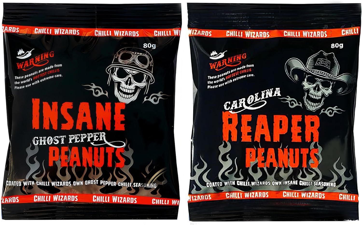 Chilli Wizards Carolina Reaper and Ghost Chilli Peanuts 2 Pack Nuts Spicy Snack Protein Crunch 80g Each Packet
