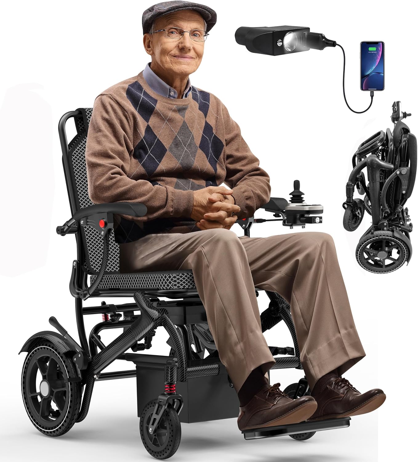 Electric Wheelchairs for Adults Foldable 36LBS Lightweight Frame Airline Approval, 15 Miles Travel Range& 500W Brushless Motors Power Motorized for Seniors& Max Support 350 LBS-Carbon Filber Color