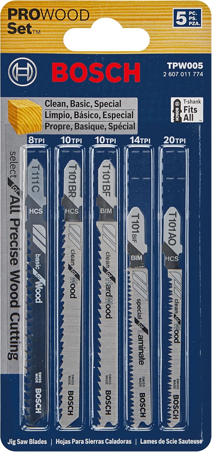 BOSCH TPW005 5-Piece Pro-Wood T-Shank Jig Saw Blade Set