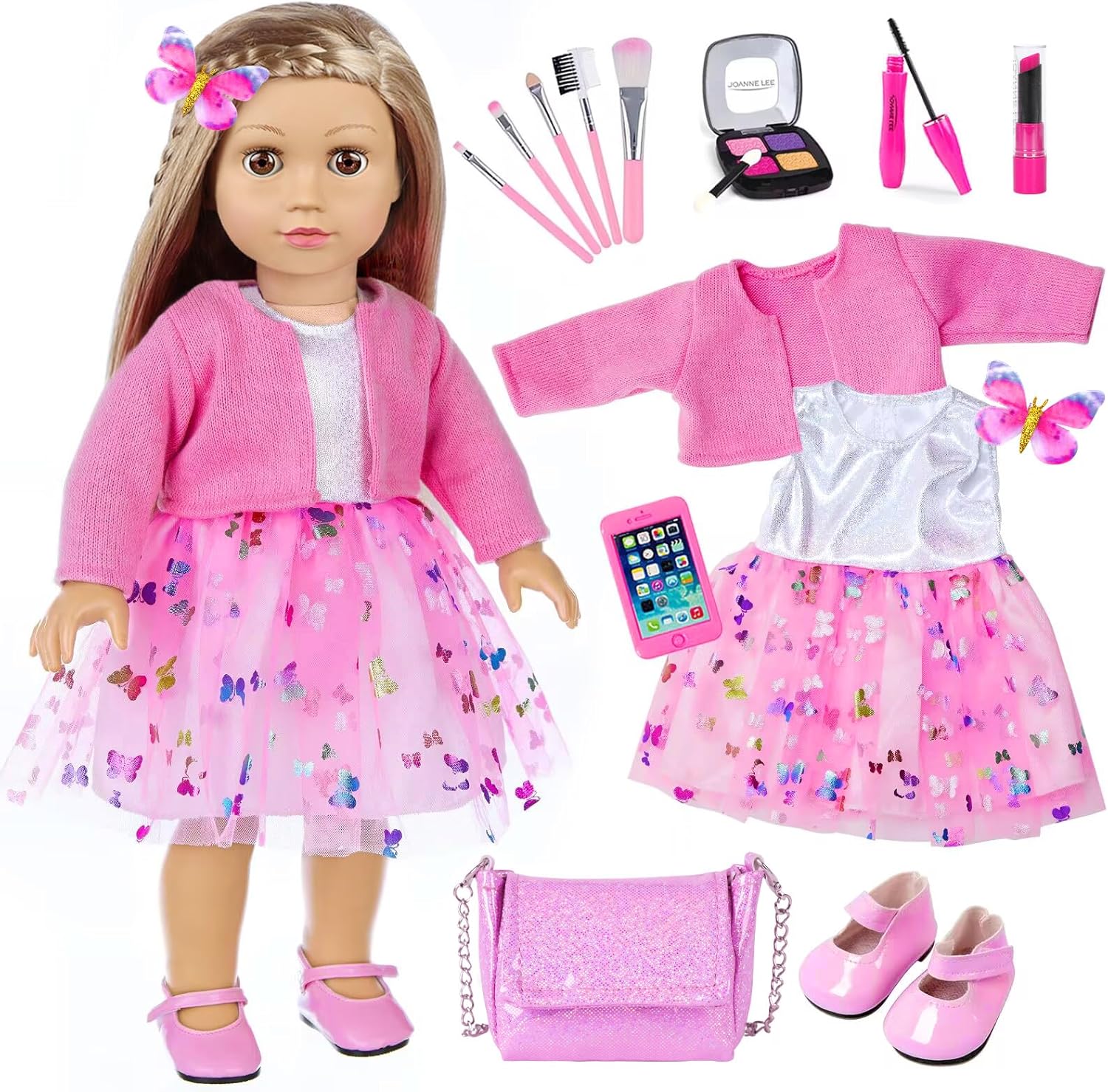 American 18 Inch Doll Makeup Accessories and Clothes,Messenger Bag Set for 18 Inch Doll Include Phone Eye Shadow Lipstick Eyelash Brush Makeup Brush Butterfly Hair Clip and Shoes（No Doll）