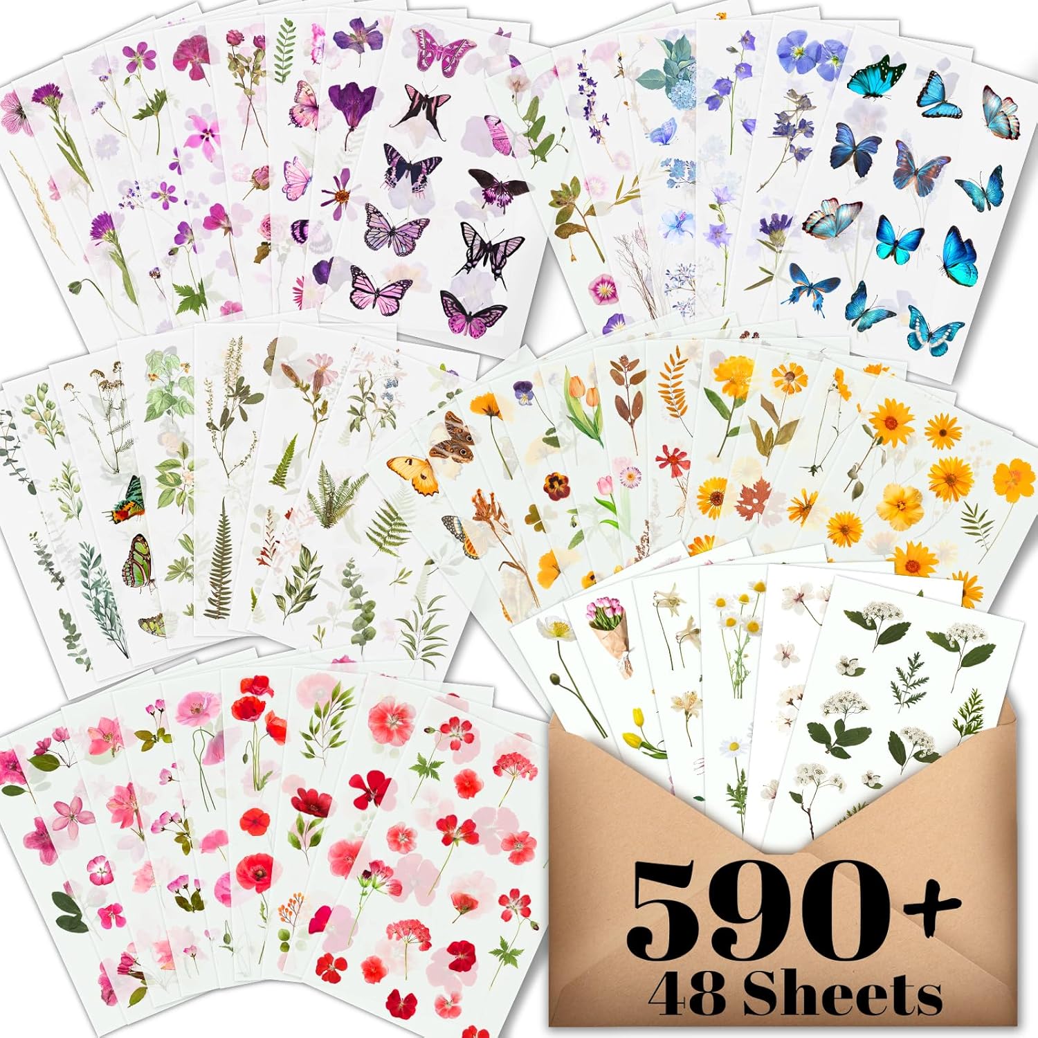 Arme Flower Stickers for Scrapbooking(590 Pieces, 48 Sheets),Decorative Floral Stickers, Small Flower Stickers for Adults, Pressed Flower Stickers Pack, Colorful Wildflower Stickers for Scrapbooking