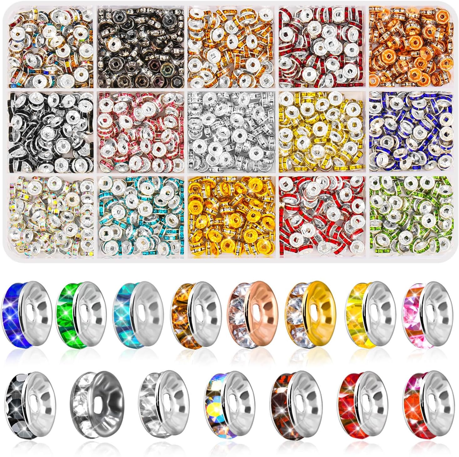 shynek 1200 Pieces Rondelle Spacer Beads for Jewelry Making, 6mm Rhinestone Spacer Beads Crystal Bead Spacers for Bracelets, Focal Beads for Pen, 15 Colors