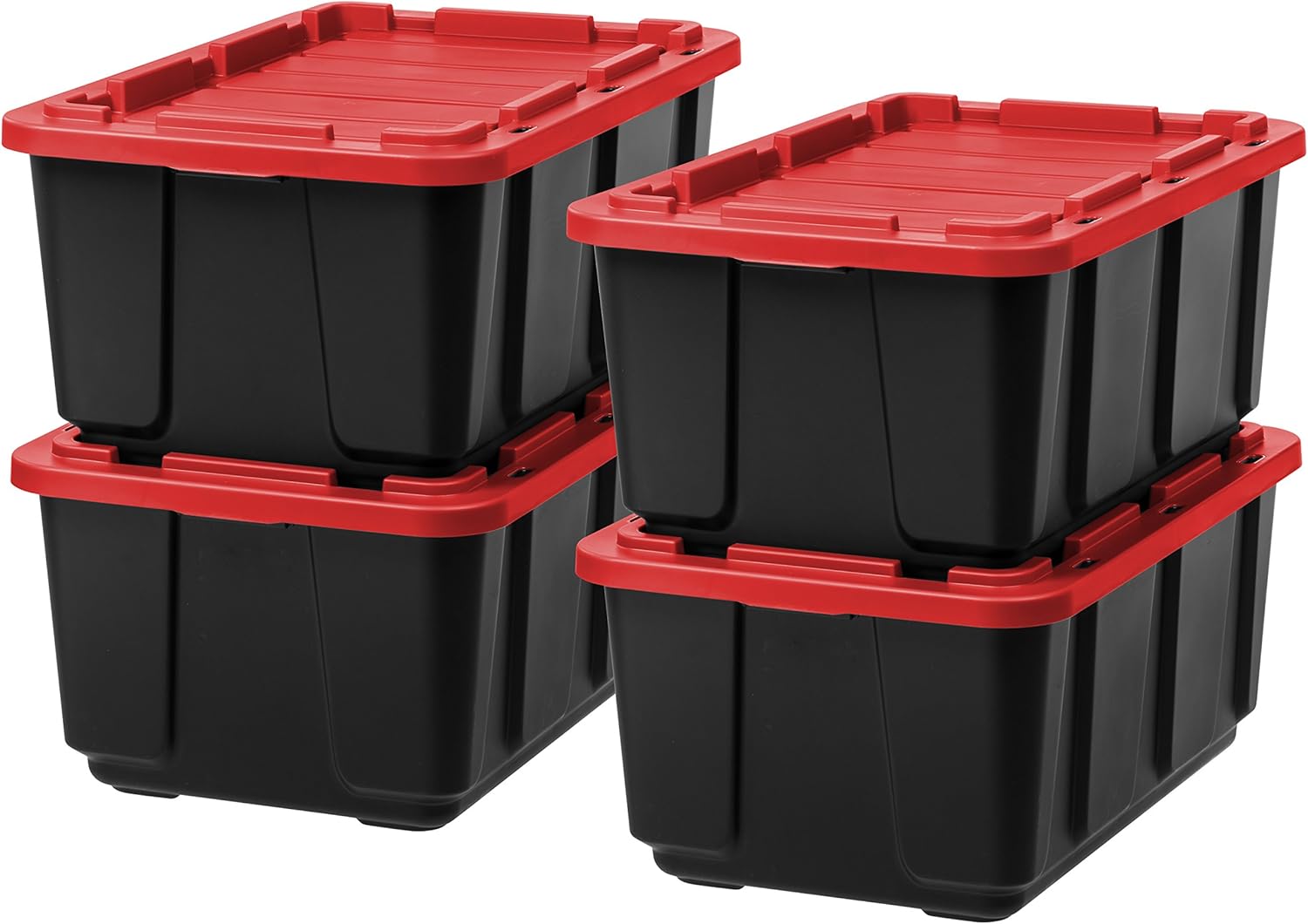 IRIS USA 27 Gallon Heavy Duty Truck Bed Toolbox Storage Tote Bins with Lids, 4 Pack - Made in USA, Tough Snap On Lid Stackable Industrial Rugged Tubs, Garage Organization, Reusable Box - Red