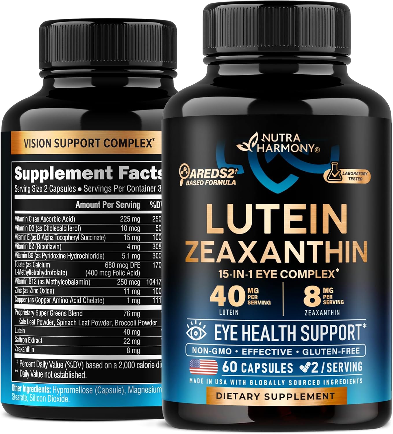 Eye Vitamins - Lutein and Zeaxanthin Supplements - AREDS2 Based Supplement for Seniors & Adults - Eye Health & Vision Support - Saffron, Zinc, Vitamins, Copper, Super Greens - Made in USA, 60 Capsules
