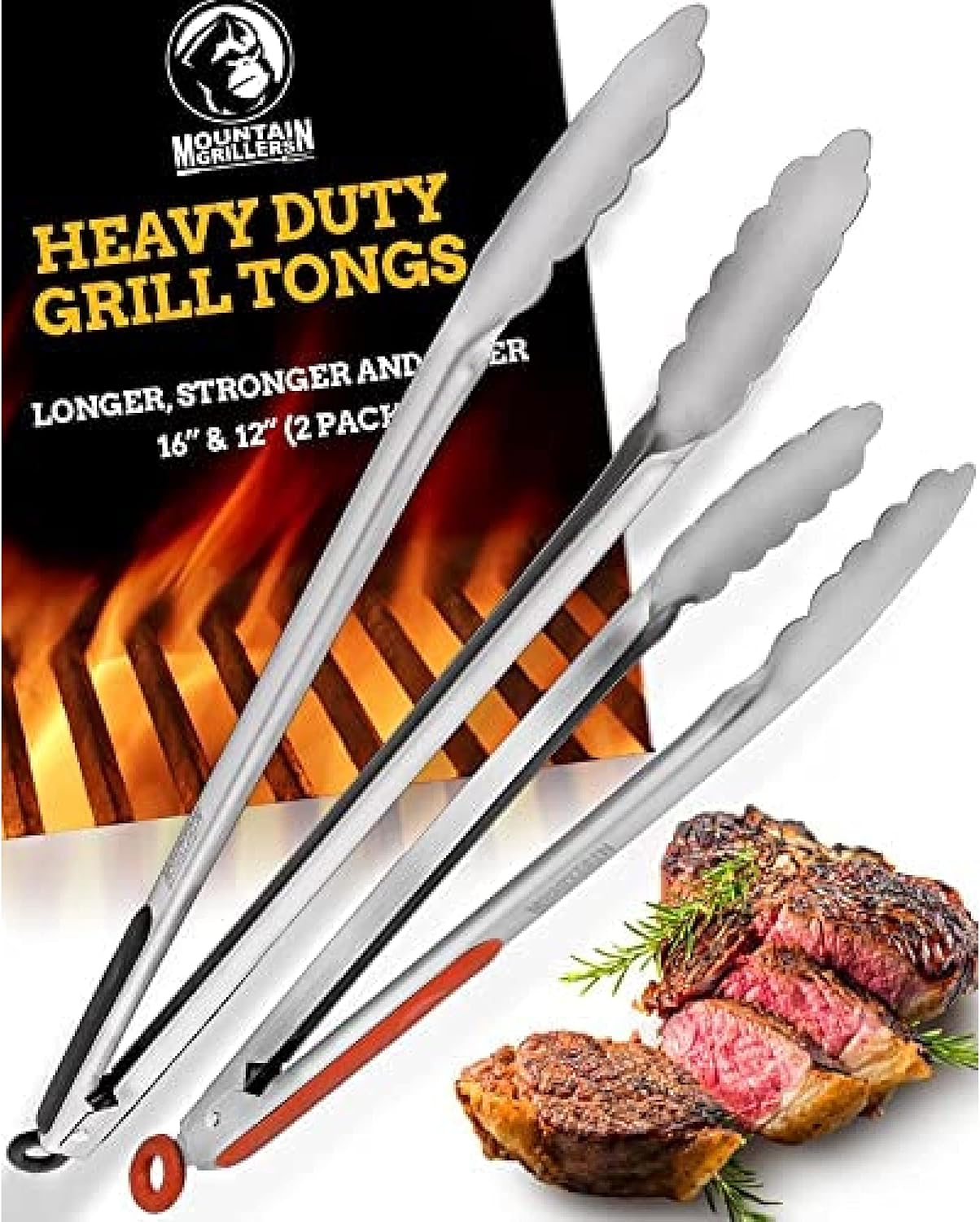 Mountain Grillers Grill Tongs for Cooking BBQ - 12 & 16" Set of 2 Heavy Duty Grilling Cooking Tongs for Serving Food Rubber Grips Long Locking Stainless BBQ Tongs for Grill & Kitchen - Heat Resistant