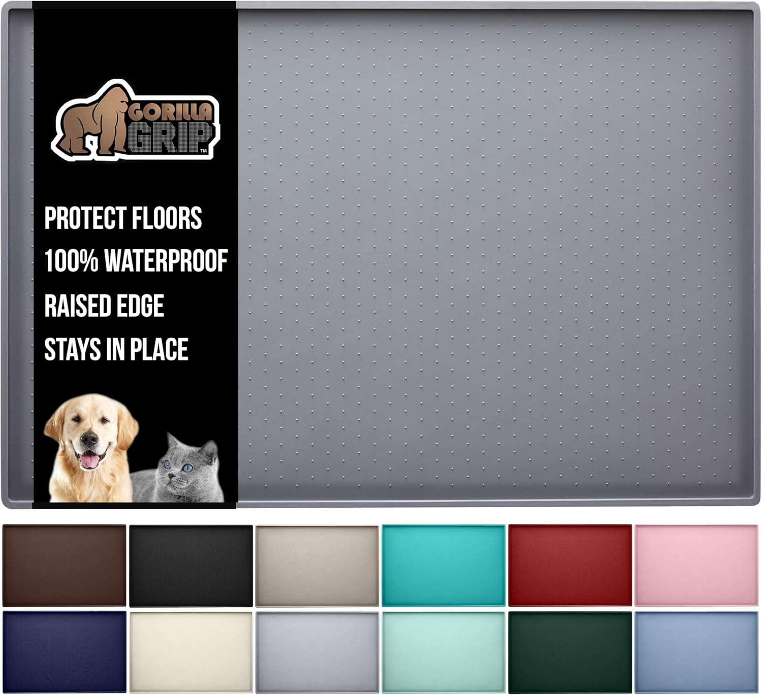 GORILLA GRIP 100% Waterproof Raised Edge BPA Free Silicone Pet Feeding Mat, Dog Cat Food Mats Contain Spills Protects Floors, Placemats for Cats and Dogs Water Bowl, Pets Accessories 18.5x11.5 Gray