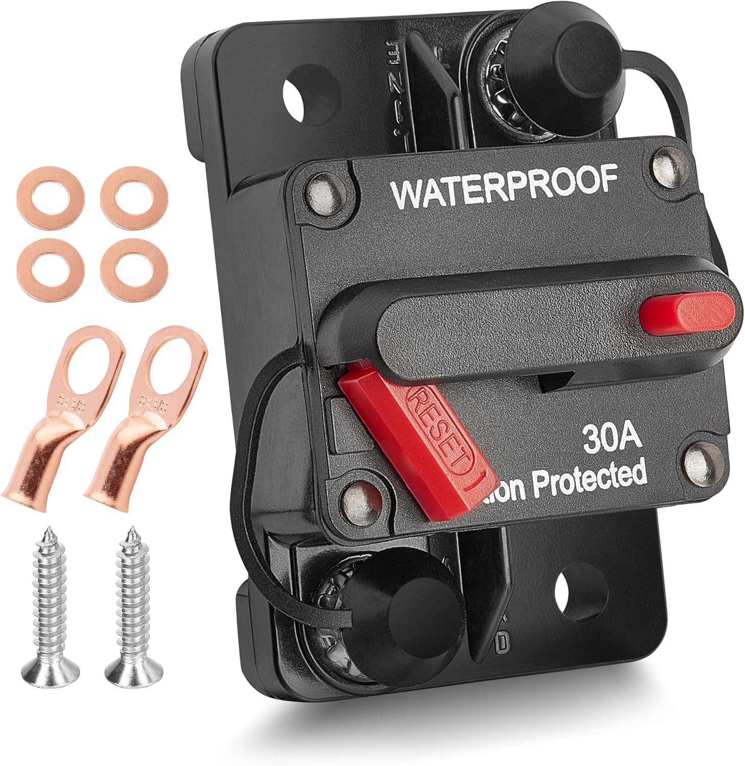 RED WOLF Car Circuit Breaker 30A AMP w/Manual Reset Switch Inline Fuse Holder Inverter 12V-48V DC for Motor Trolling Vehicles Audio Radio Solar System Protection with Wire Lugs Copper Washer Screws