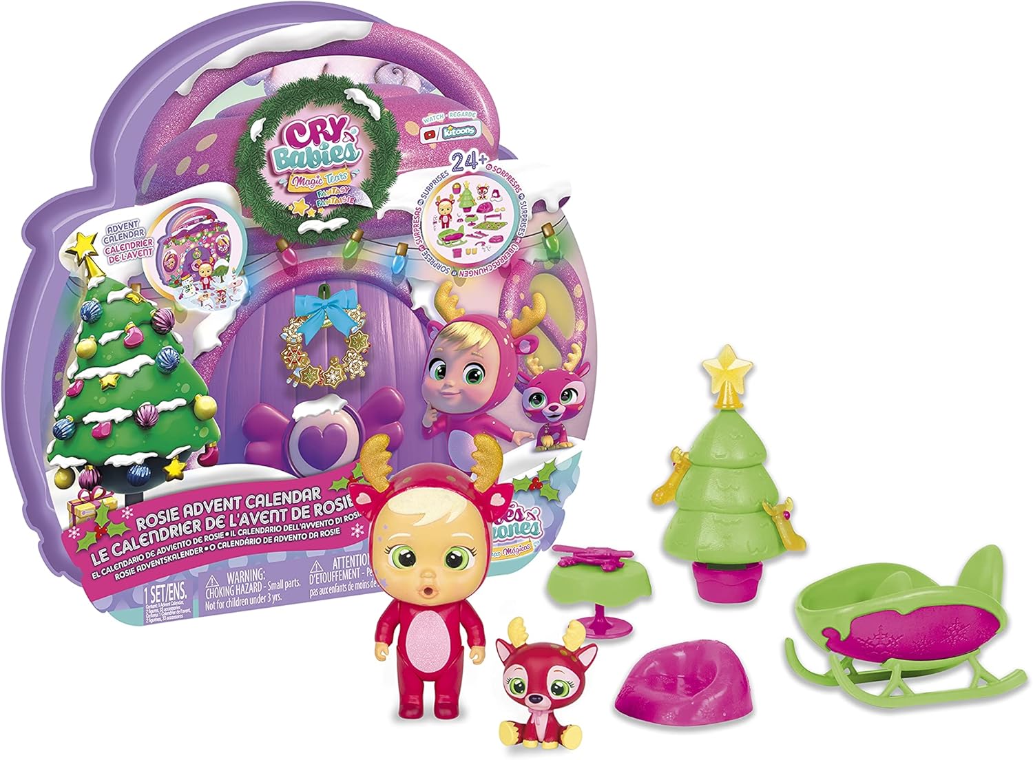 CRY BABIES MAGIC TEARS Rosie Advent Calendar | Christmas calendar with Exclusive baby doll Rosie who cries Real Tears, her Pet, 33 Accessories & +24 Surprises - Gift toy for boys and girls +3 Years