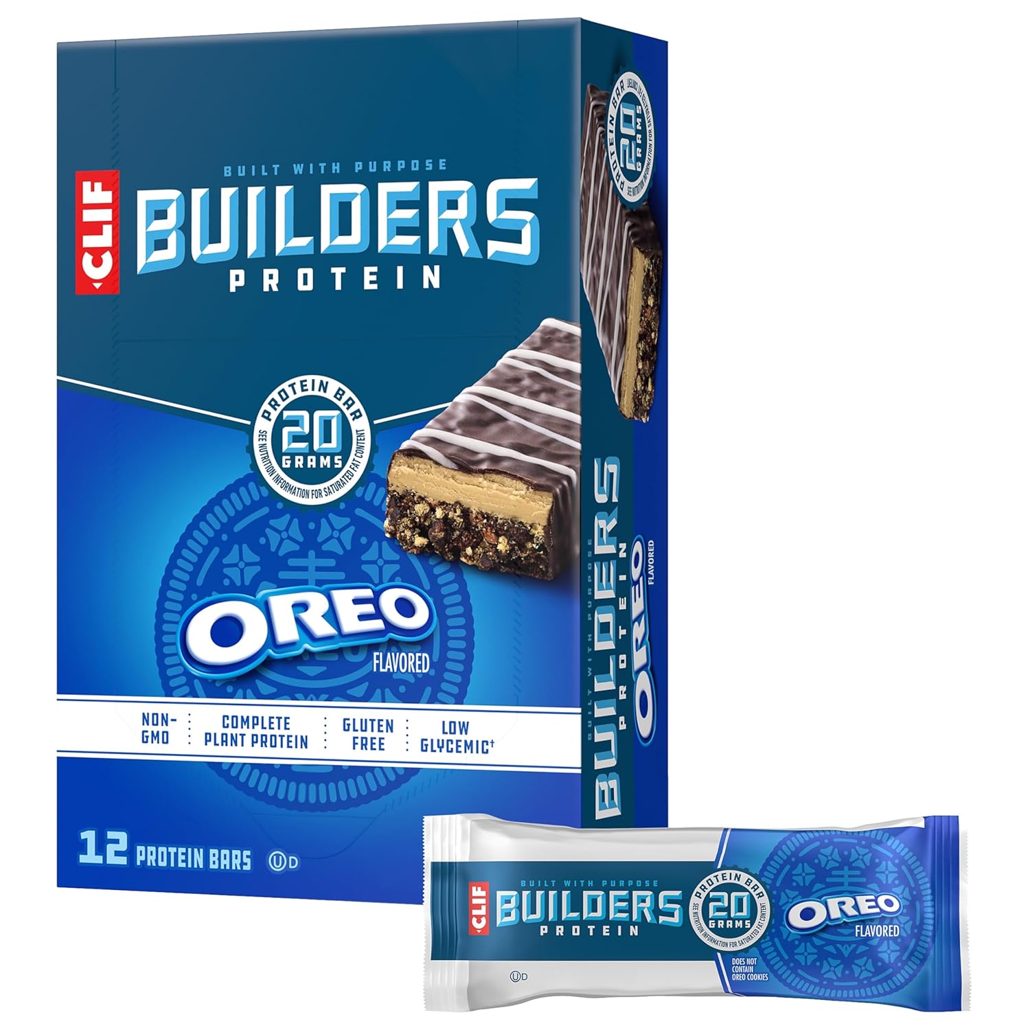 CLIF BUILDERS Protein Bars - OREO-Flavored - 20g Plant Based Protein - Gluten Free - Non-GMO - Low Glycemic - No Artificial Sweeteners - 2.4 oz. (12 Pack)