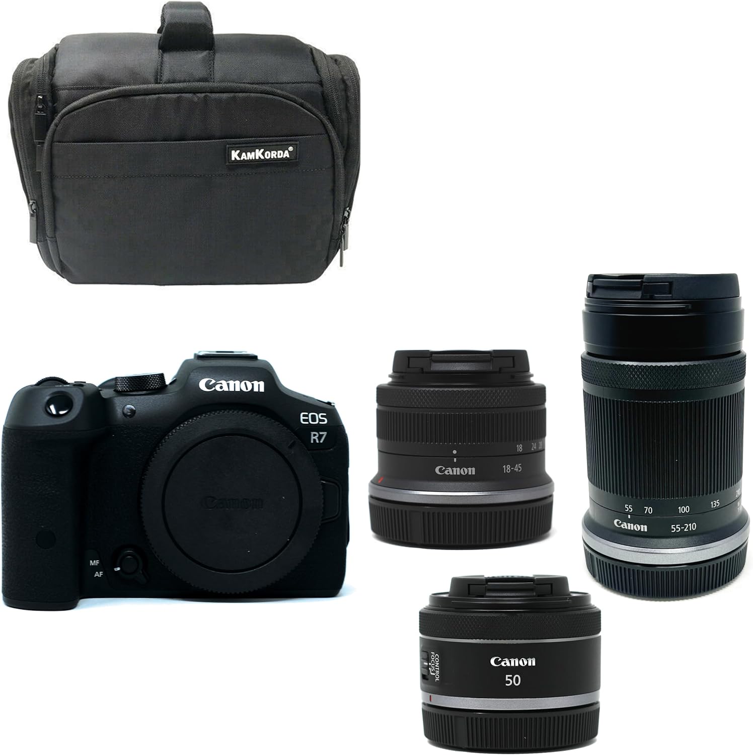 KamKorda Camera Bag + R7 Mirrorless Camera + RF-S 18-45mm + RF-S 55-210mm + RF 50mm f/1.8 STM lenses, 32.5MP APS-C CMOS Sensor, 4K60 10-Bit Video + 2 Year Warranty