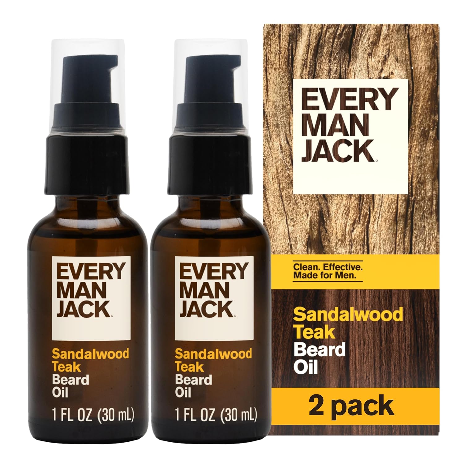 Every Man Jack Hydrating Beard Oil for Men, Sandalwood Teak, 1oz (2pk)